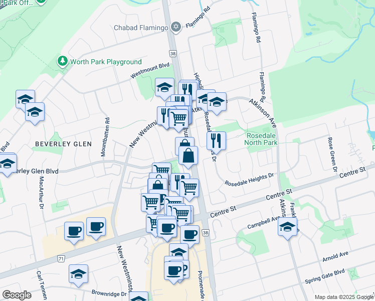 map of restaurants, bars, coffee shops, grocery stores, and more near 7900 Bathurst Street in Vaughan