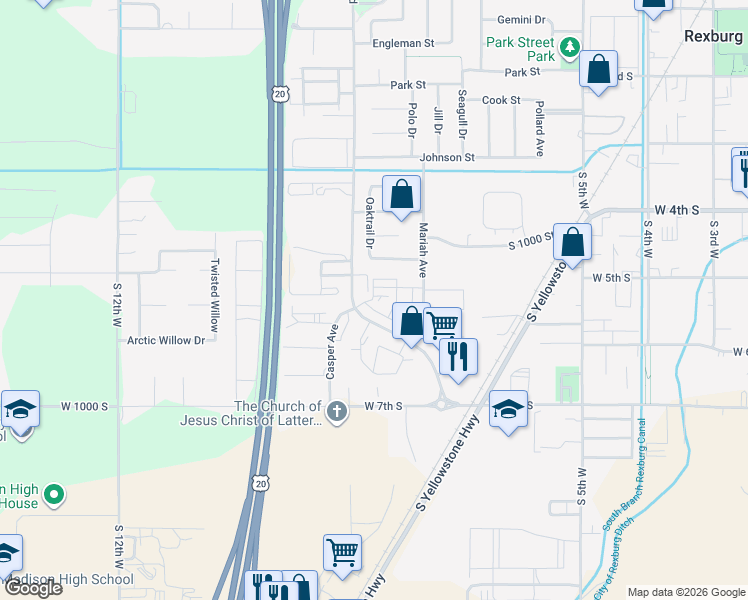 map of restaurants, bars, coffee shops, grocery stores, and more near 523 Pioneer Road in Rexburg