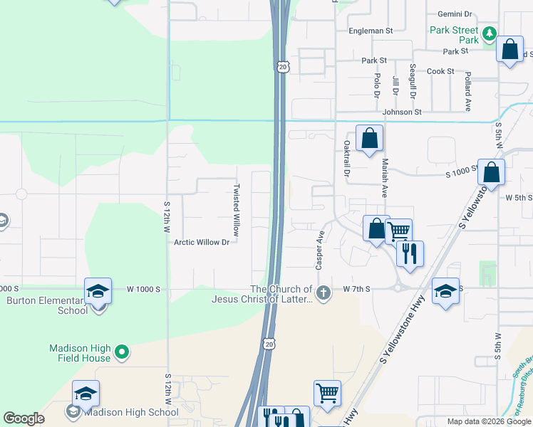 map of restaurants, bars, coffee shops, grocery stores, and more near 530 Sunflower Road in Rexburg