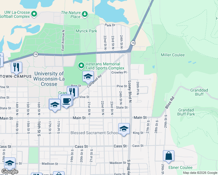 map of restaurants, bars, coffee shops, grocery stores, and more near 333 23rd Street North in La Crosse