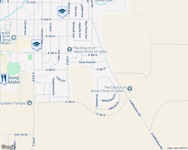 map of restaurants, bars, coffee shops, grocery stores, and more near 552 Autumn Drive in Rexburg