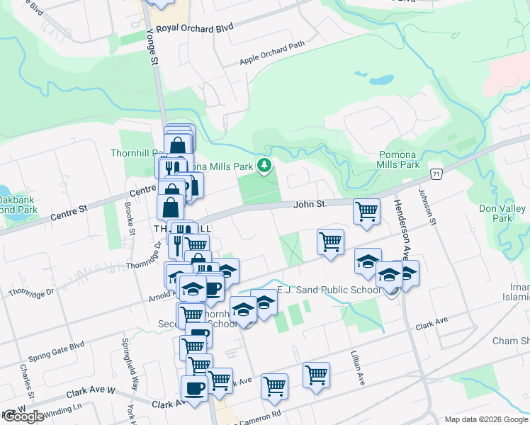 map of restaurants, bars, coffee shops, grocery stores, and more near 55 John Street in Markham