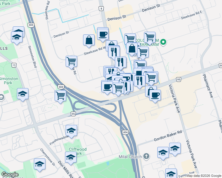 map of restaurants, bars, coffee shops, grocery stores, and more near 7050 Woodbine Avenue in Markham