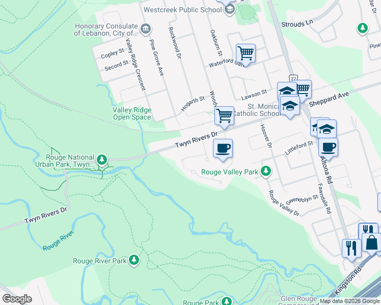 map of restaurants, bars, coffee shops, grocery stores, and more near 58 Brimwood Court in Pickering
