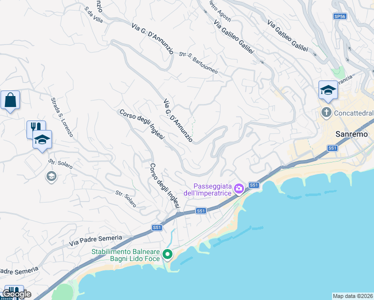 map of restaurants, bars, coffee shops, grocery stores, and more near 1 Via Gabriele D'Annunzio in Sanremo