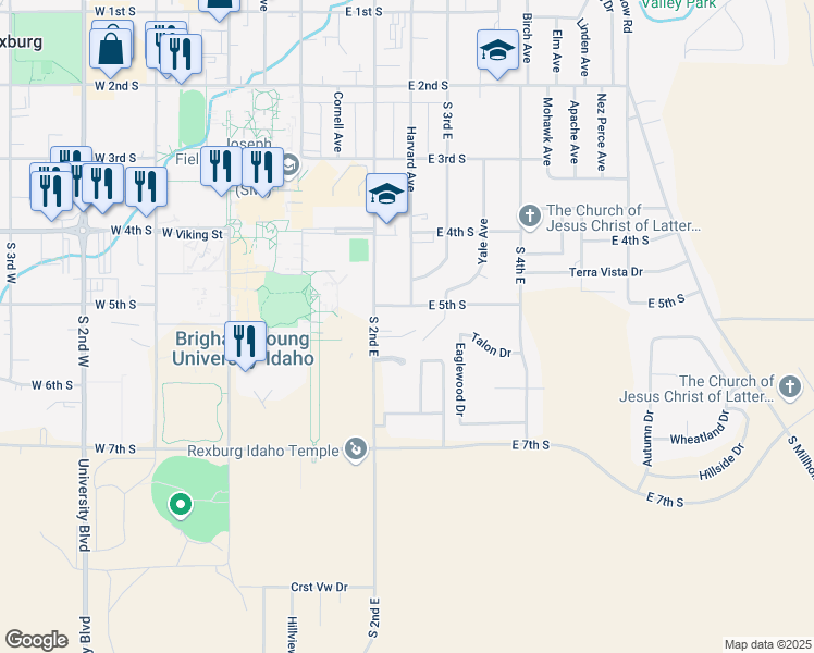 map of restaurants, bars, coffee shops, grocery stores, and more near 545 South 2nd East in Rexburg