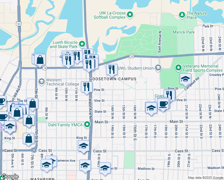 map of restaurants, bars, coffee shops, grocery stores, and more near 1334 Pine Street in La Crosse