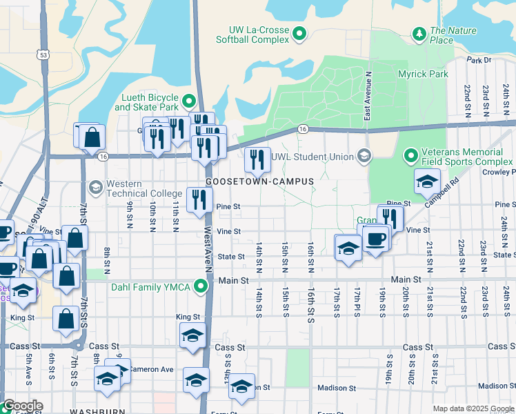 map of restaurants, bars, coffee shops, grocery stores, and more near 399 14th Street North in La Crosse