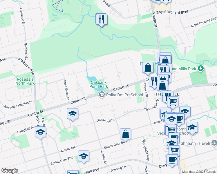 map of restaurants, bars, coffee shops, grocery stores, and more near 3 Oakbank Road in Vaughan