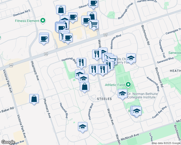 map of restaurants, bars, coffee shops, grocery stores, and more near 55 Bamburgh Circle in Toronto