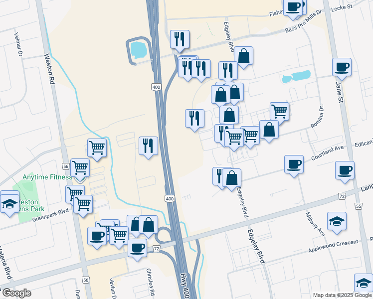 map of restaurants, bars, coffee shops, grocery stores, and more near 71 Four Valley Drive in Vaughan