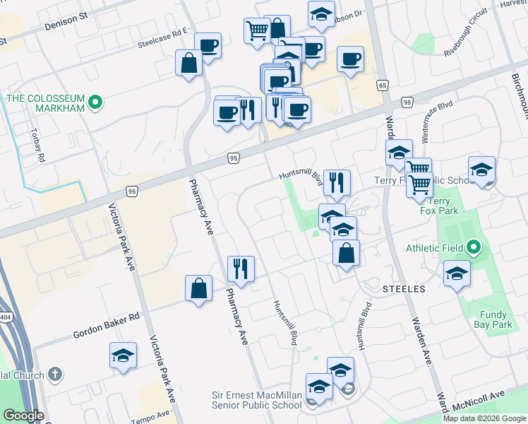 map of restaurants, bars, coffee shops, grocery stores, and more near 66 Lambeth Square in Toronto