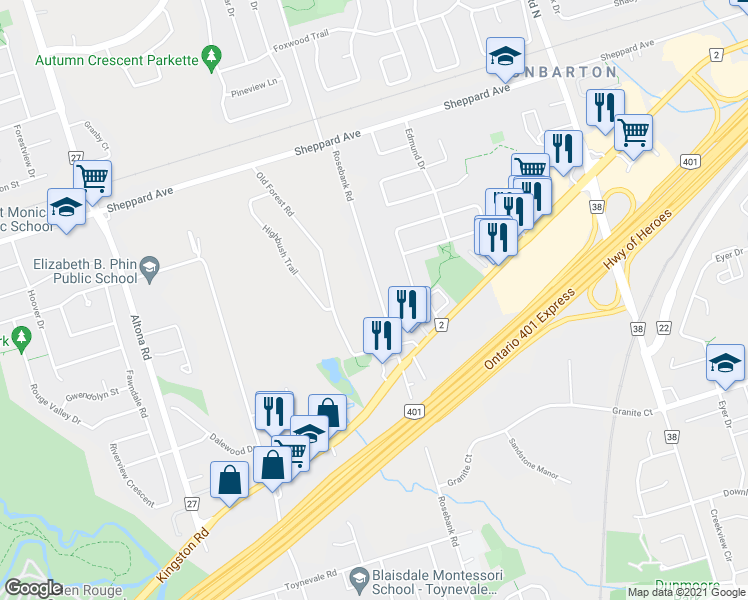 map of restaurants, bars, coffee shops, grocery stores, and more near 1428 Rosebank Road in Pickering