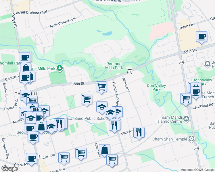 map of restaurants, bars, coffee shops, grocery stores, and more near 20 Orsi Court in Markham