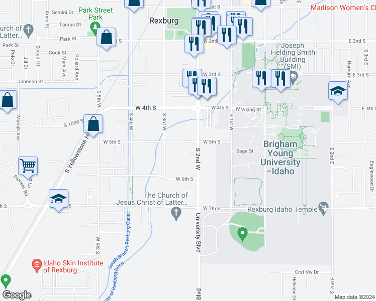 map of restaurants, bars, coffee shops, grocery stores, and more near 220 Grandview Drive in Rexburg
