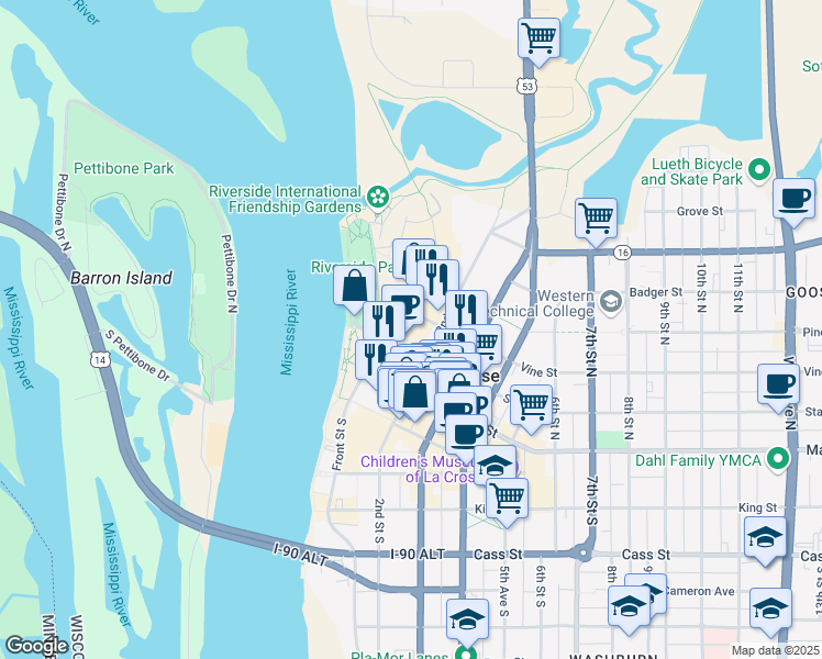 map of restaurants, bars, coffee shops, grocery stores, and more near 230 Front Street North in La Crosse