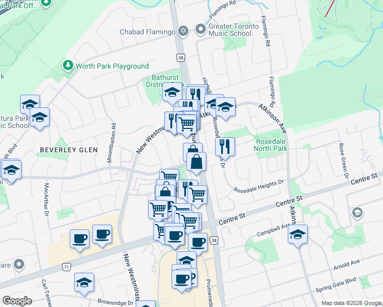 map of restaurants, bars, coffee shops, grocery stores, and more near 7950 Bathurst Street in Vaughan