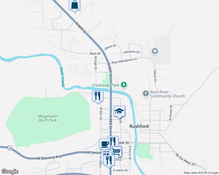 map of restaurants, bars, coffee shops, grocery stores, and more near 203 North Mill Street in Rushford