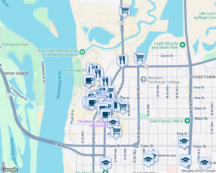 map of restaurants, bars, coffee shops, grocery stores, and more near 311 3rd Street North in La Crosse