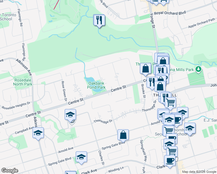 map of restaurants, bars, coffee shops, grocery stores, and more near 3 Oakbank Road in Vaughan