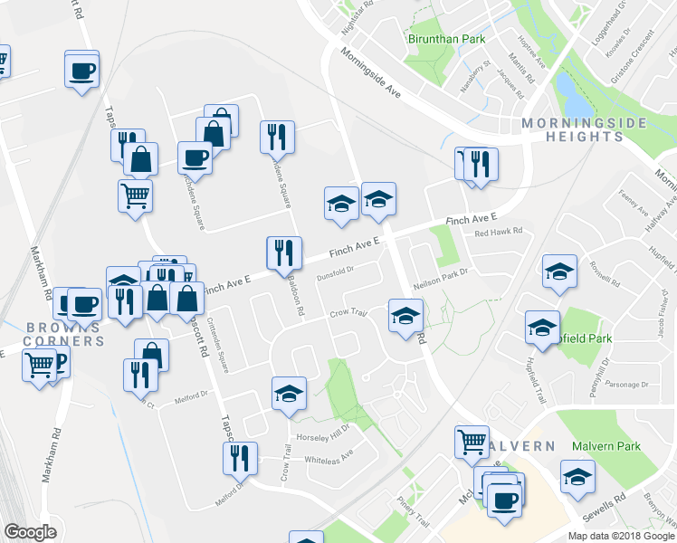 map of restaurants, bars, coffee shops, grocery stores, and more near 38 Dunsfold Drive in Toronto