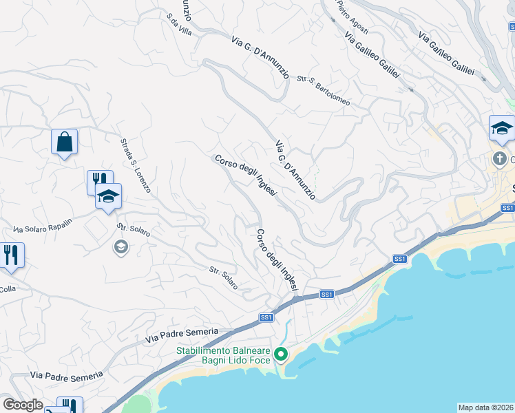 map of restaurants, bars, coffee shops, grocery stores, and more near 531 Corso degli Inglesi in Sanremo