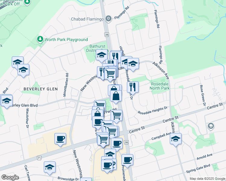 map of restaurants, bars, coffee shops, grocery stores, and more near 7950 Bathurst Street in Vaughan