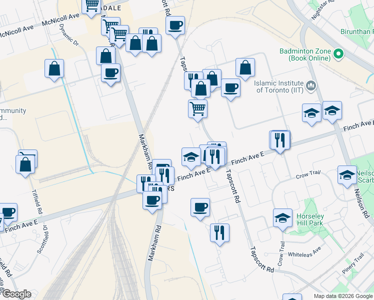 map of restaurants, bars, coffee shops, grocery stores, and more near in Toronto