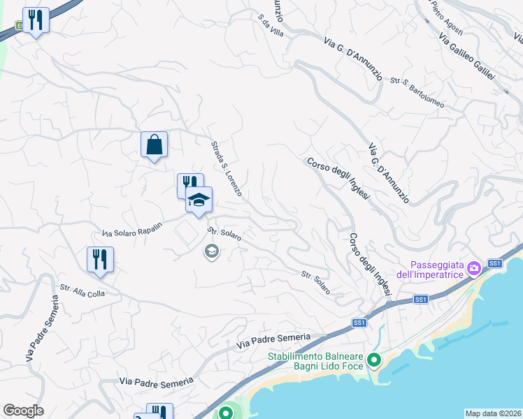 map of restaurants, bars, coffee shops, grocery stores, and more near 21 Strada Mulattiera San Lorenzo in Sanremo