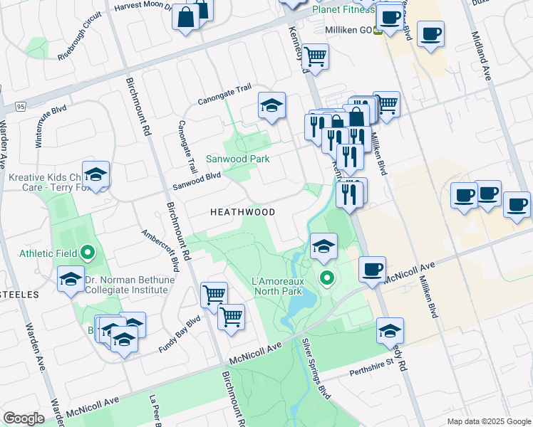 map of restaurants, bars, coffee shops, grocery stores, and more near in Toronto