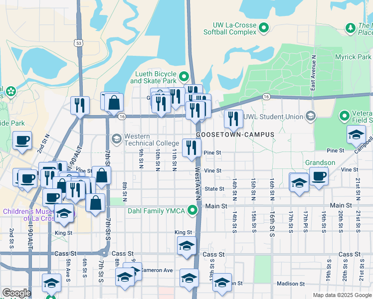 map of restaurants, bars, coffee shops, grocery stores, and more near 1110 Pine Street in La Crosse