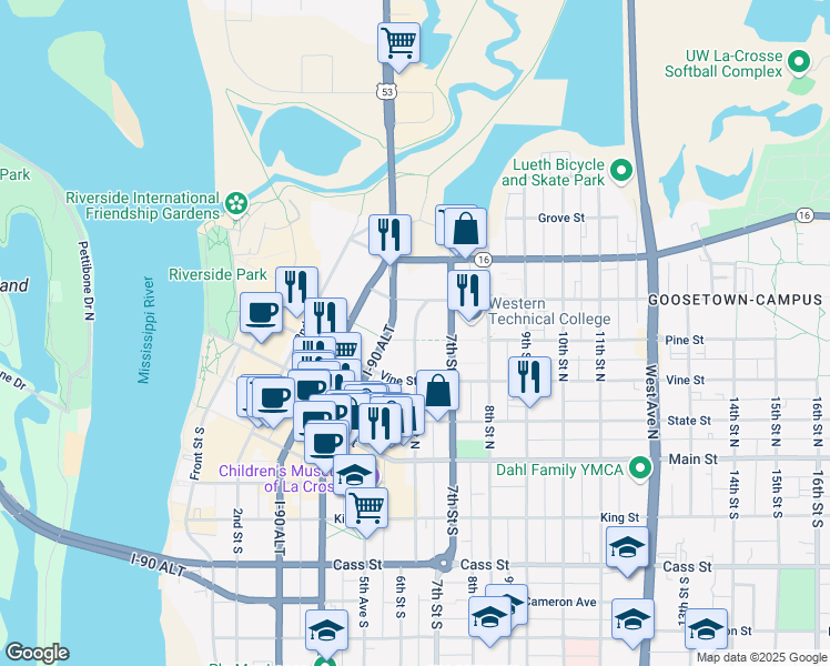 map of restaurants, bars, coffee shops, grocery stores, and more near 415 6th Street North in La Crosse