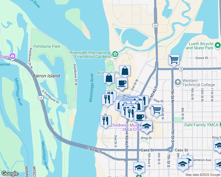 map of restaurants, bars, coffee shops, grocery stores, and more near 50 State Street in La Crosse