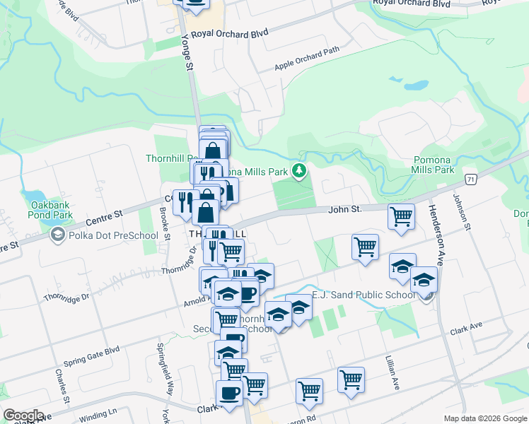 map of restaurants, bars, coffee shops, grocery stores, and more near 34 John Street in Markham