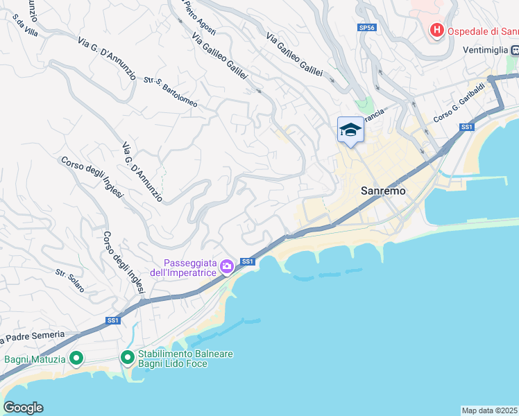 map of restaurants, bars, coffee shops, grocery stores, and more near 45 Via Privata Fratelli Asquasciati in Sanremo