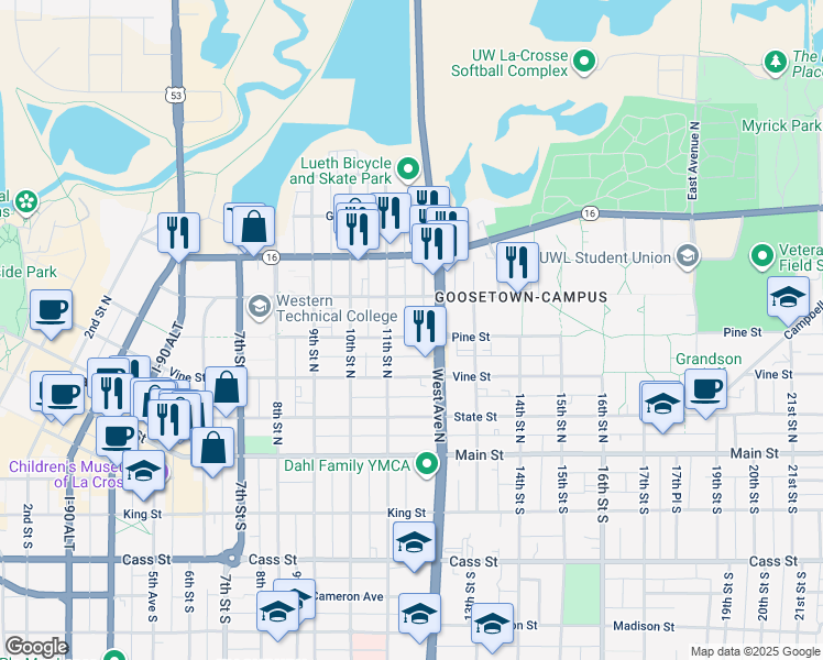 map of restaurants, bars, coffee shops, grocery stores, and more near 1119 Pine Street in La Crosse