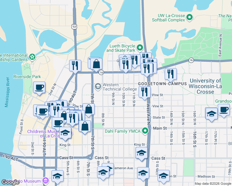 map of restaurants, bars, coffee shops, grocery stores, and more near 902 Pine Street in La Crosse