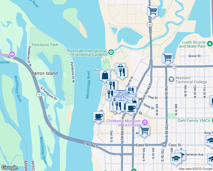 map of restaurants, bars, coffee shops, grocery stores, and more near 50 State Street in La Crosse
