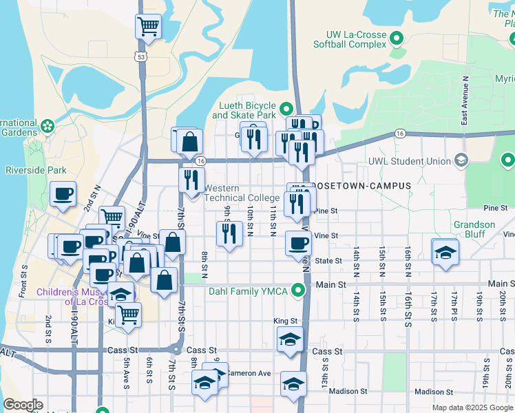 map of restaurants, bars, coffee shops, grocery stores, and more near 1011 Pine Street in La Crosse