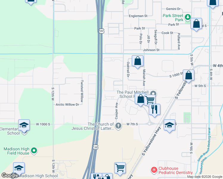 map of restaurants, bars, coffee shops, grocery stores, and more near 490 Pioneer Road in Rexburg