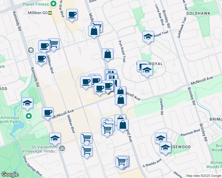 map of restaurants, bars, coffee shops, grocery stores, and more near 3700 Midland Avenue in Toronto
