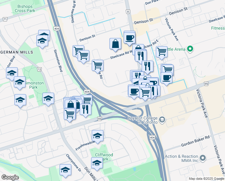 map of restaurants, bars, coffee shops, grocery stores, and more near in Markham