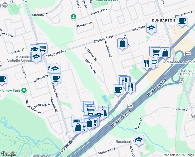 map of restaurants, bars, coffee shops, grocery stores, and more near 1426 Highbush Trail in Pickering