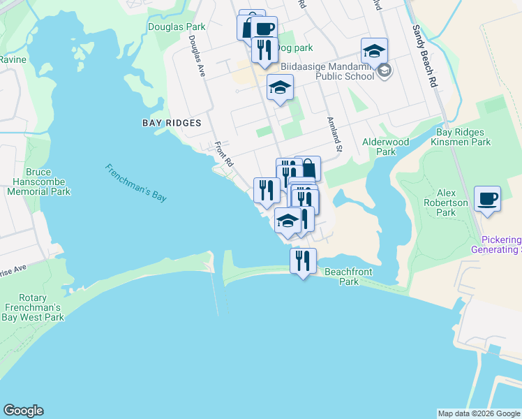map of restaurants, bars, coffee shops, grocery stores, and more near 1275 Wharf Street in Pickering