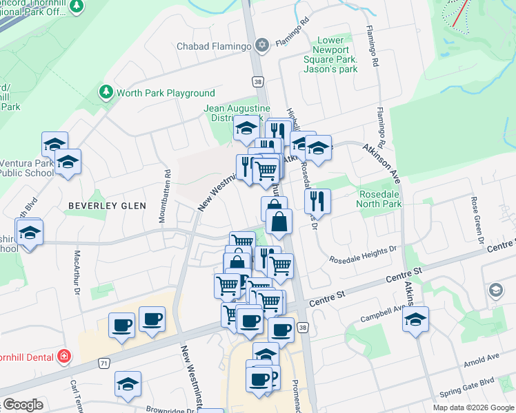 map of restaurants, bars, coffee shops, grocery stores, and more near 8 Beverley Glen Boulevard in Vaughan