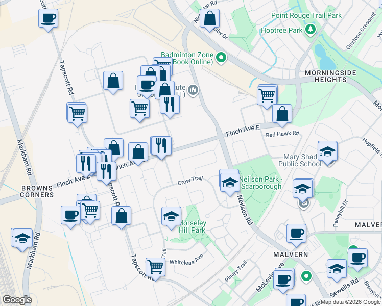 map of restaurants, bars, coffee shops, grocery stores, and more near 38 Dunsfold Drive in Toronto