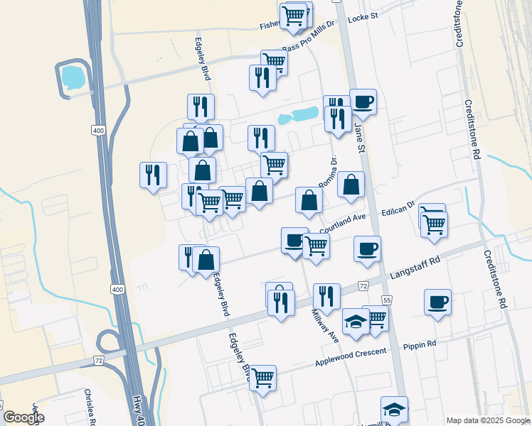 map of restaurants, bars, coffee shops, grocery stores, and more near 91 Romina Drive in Vaughan