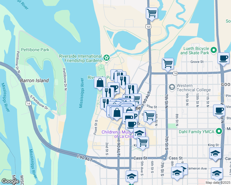 map of restaurants, bars, coffee shops, grocery stores, and more near 230 Front Street North in La Crosse
