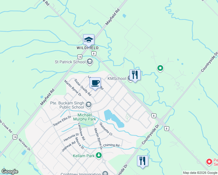 map of restaurants, bars, coffee shops, grocery stores, and more near 18 Squire Ellis Drive in Brampton