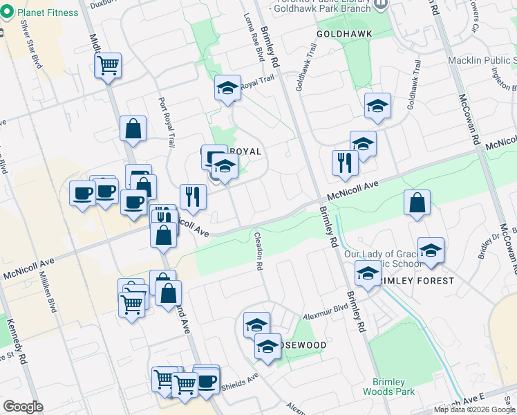 map of restaurants, bars, coffee shops, grocery stores, and more near 53 Campania Crescent in Toronto